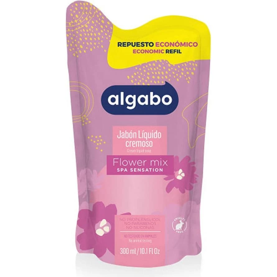 Jabón Líquido Cremoso Mix Flower Algabo Repuesto Doypack 300 ml