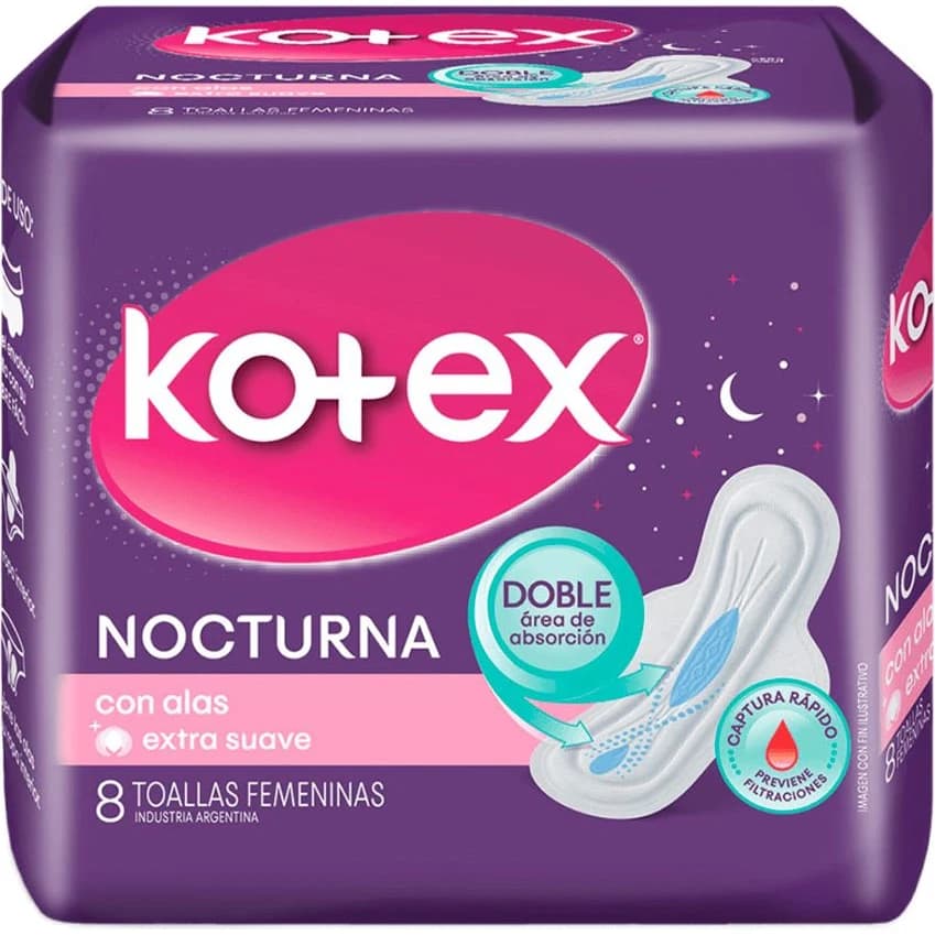 Toallas Femeninas Kotex Nocturna con Alas x 8