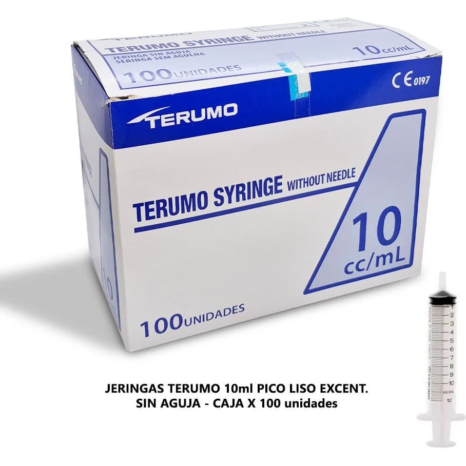 Jeringas Descartables Terumo 10 cc Pico Liso Excéntrico Sin Aguja x 100