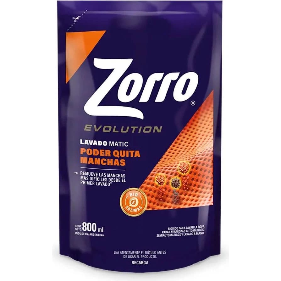 Detergente Líquido Zorro Evolution Quitagrasa 800 ml