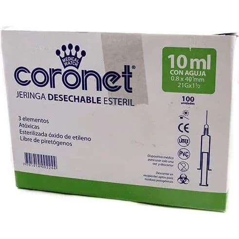 Jeringa Descartable Coronet 10 cc con Aguja 40/8 x 100 Unidades