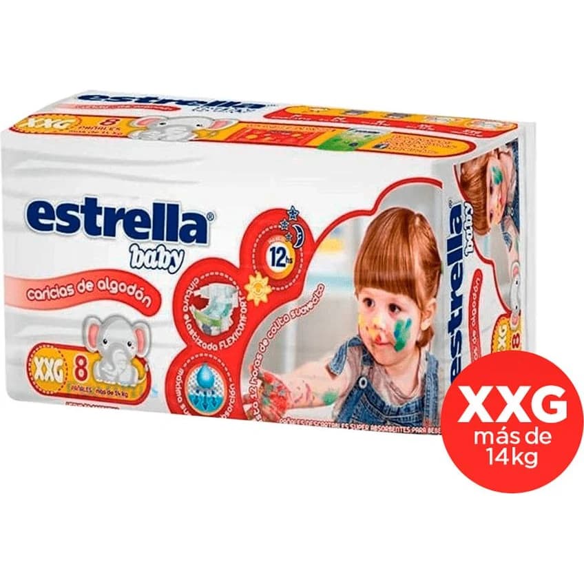 Pañales para Bebé Estrella Baby Caricias Talle XXG x 8
