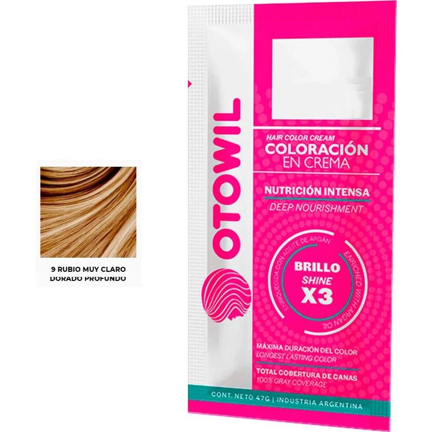 Tintura Capilar Otowil con Argán Tono 9 Rubio Muy Claro Dorado Profundo Sobre x 25 g
