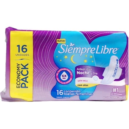 Toallas Femeninas Siempre Libre Secas Adapt Plus Noche y Día con Alas x16
