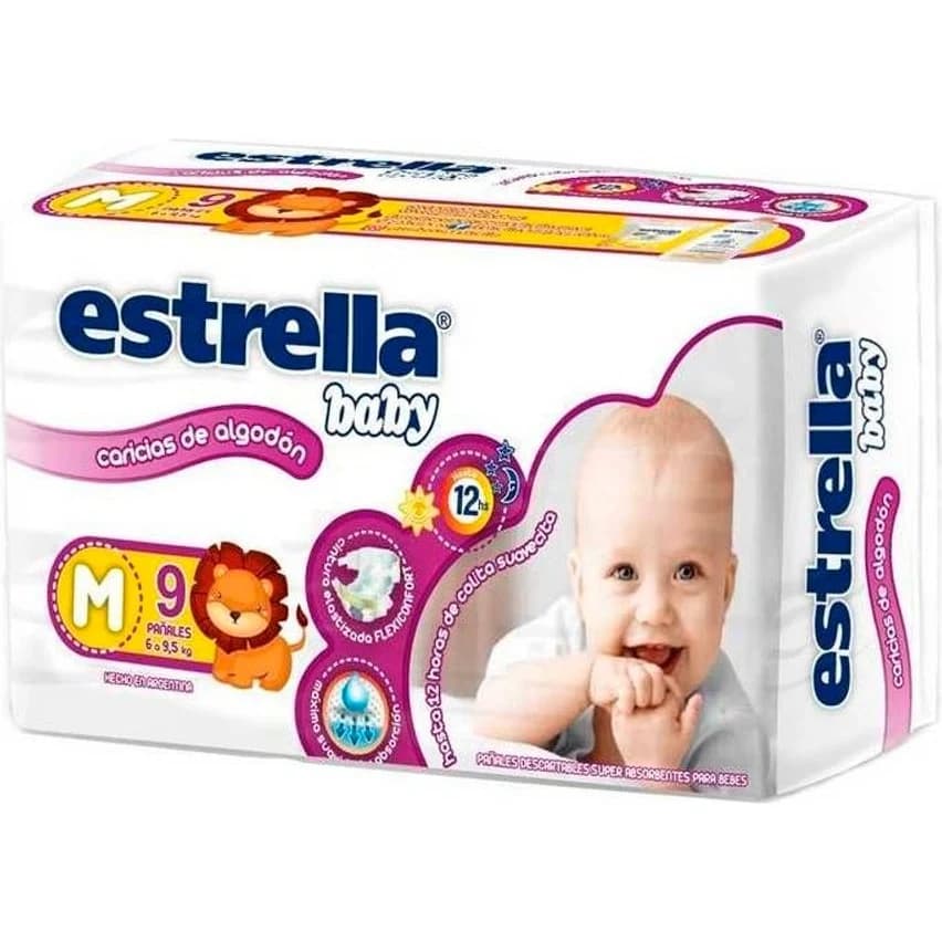 Pañales para Bebé Estrella Baby Caricias Talle Mediano x 9