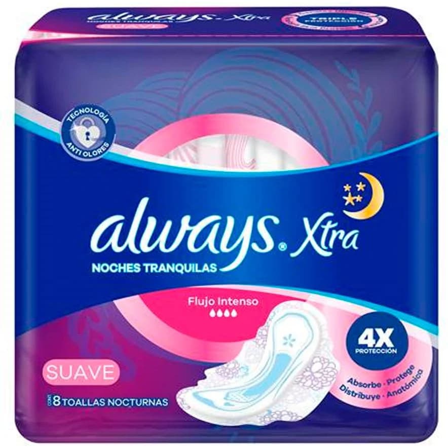 Toallas Femeninas Always Maxi Protección Nocturnas con Suave Protección x 8