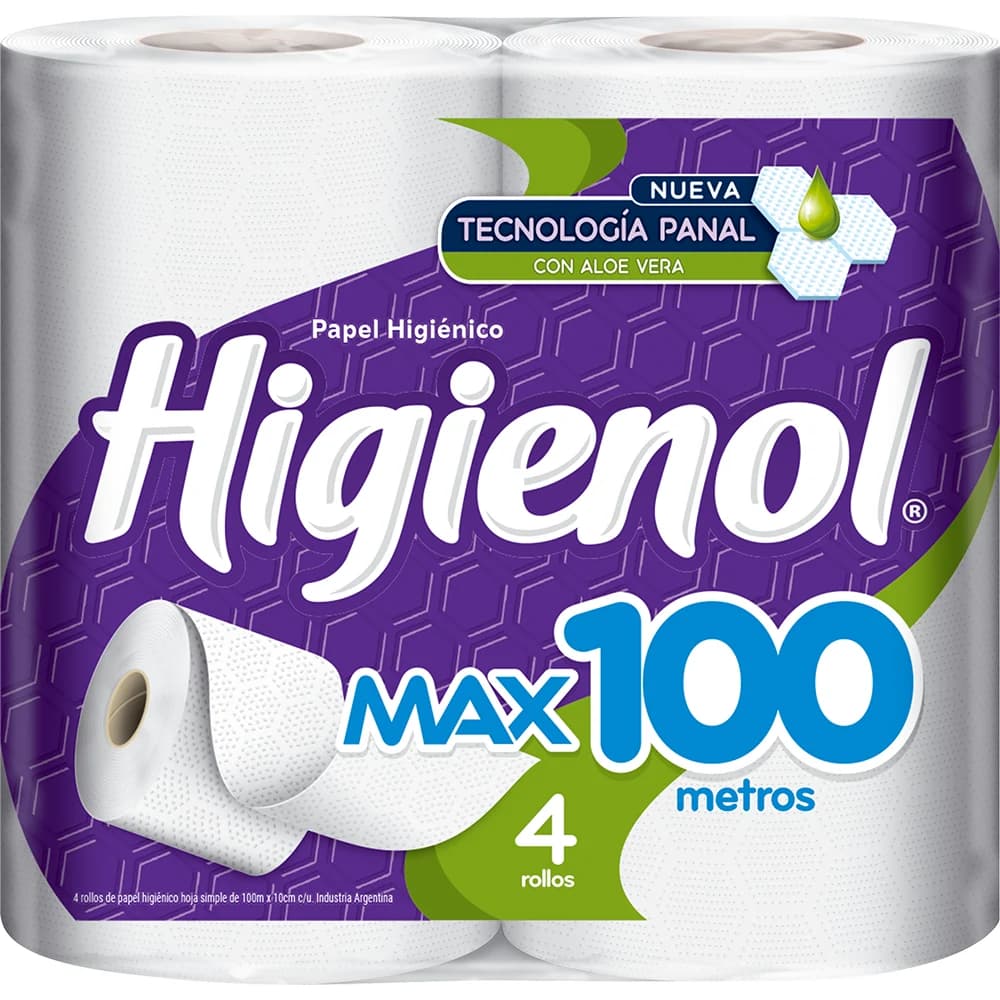 Papel Higiénico Higienol Max Aloe Panal 100 m x 4 Rollos