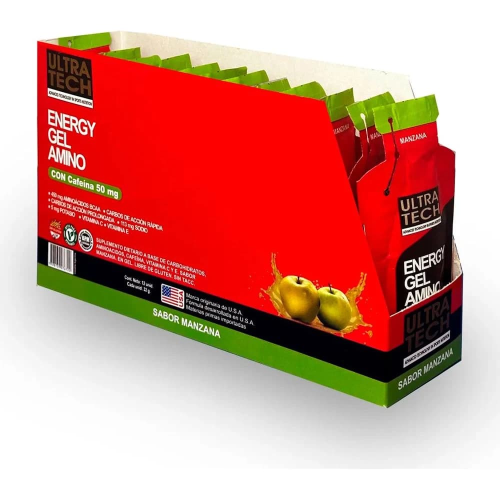 Ultratech Energy Gel Amino con Cafeína Manzana x12 Unidades